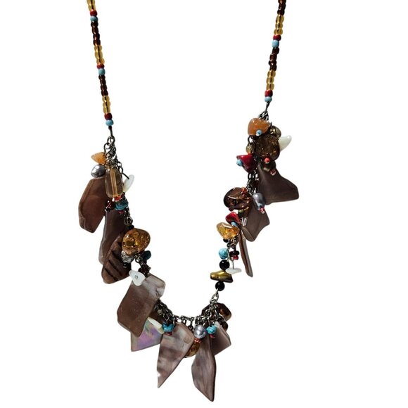 Bohemian Statement Necklace Beaded Chain Dangling Shell Stone Glass Charms Women - Picture 1 of 9